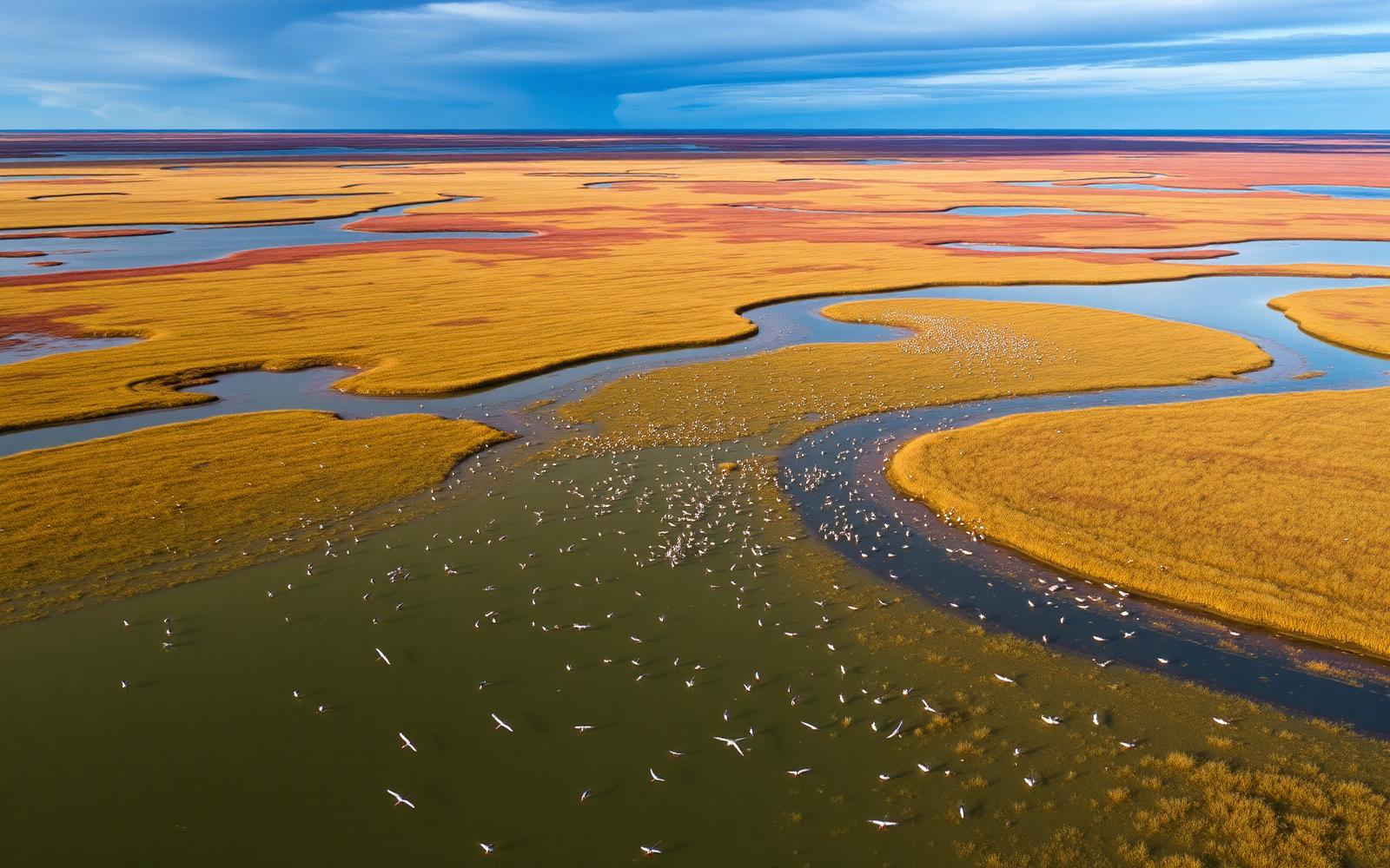 Izembek National Wildlife Refuge eelgrass beds with migrating birds