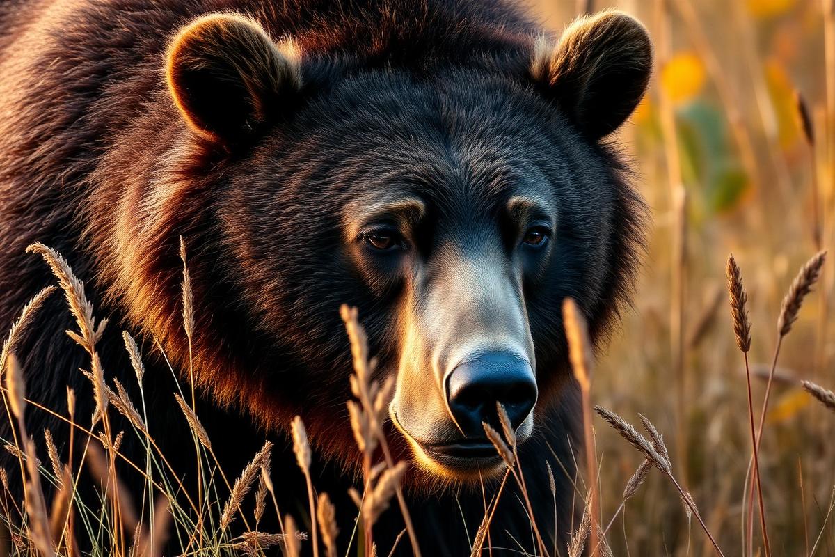Coastal brown bear portrait in tall grass